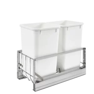 Rev-A-Shelf Aluminum Bottom Mount Double Pull-Out Waste Container Cabinet w.Soft Close 27qt White and Aluminum
