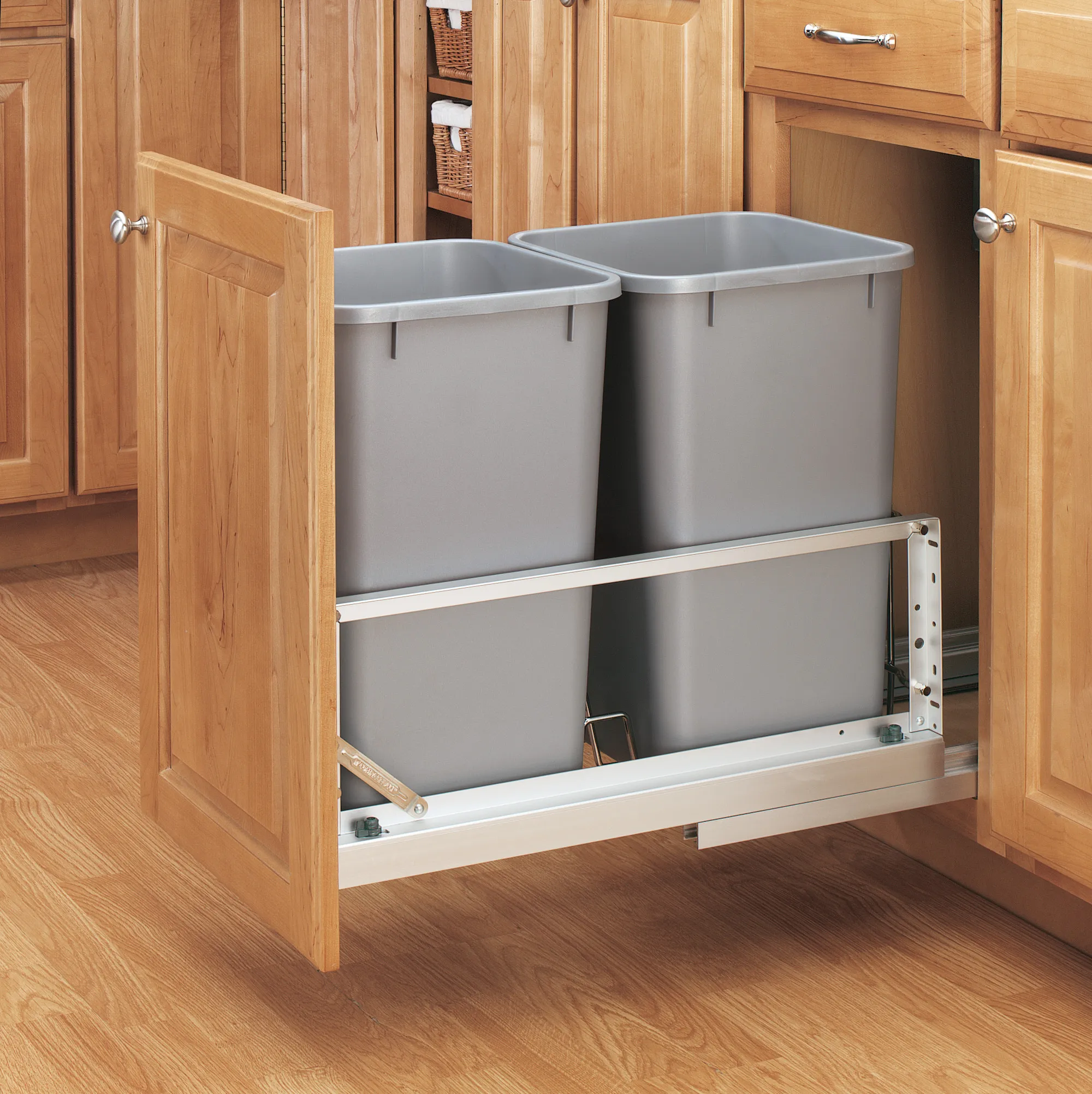 Rev-A-Shelf Aluminum Bottom Mount Double Pull-Out Waste Container Cabinet w.Soft Close 27qt Silver and Aluminum - Image 2
