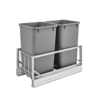 Rev-A-Shelf Aluminum Bottom Mount Double Pull-Out Waste Container Cabinet w.Soft Close 27qt Silver and Aluminum