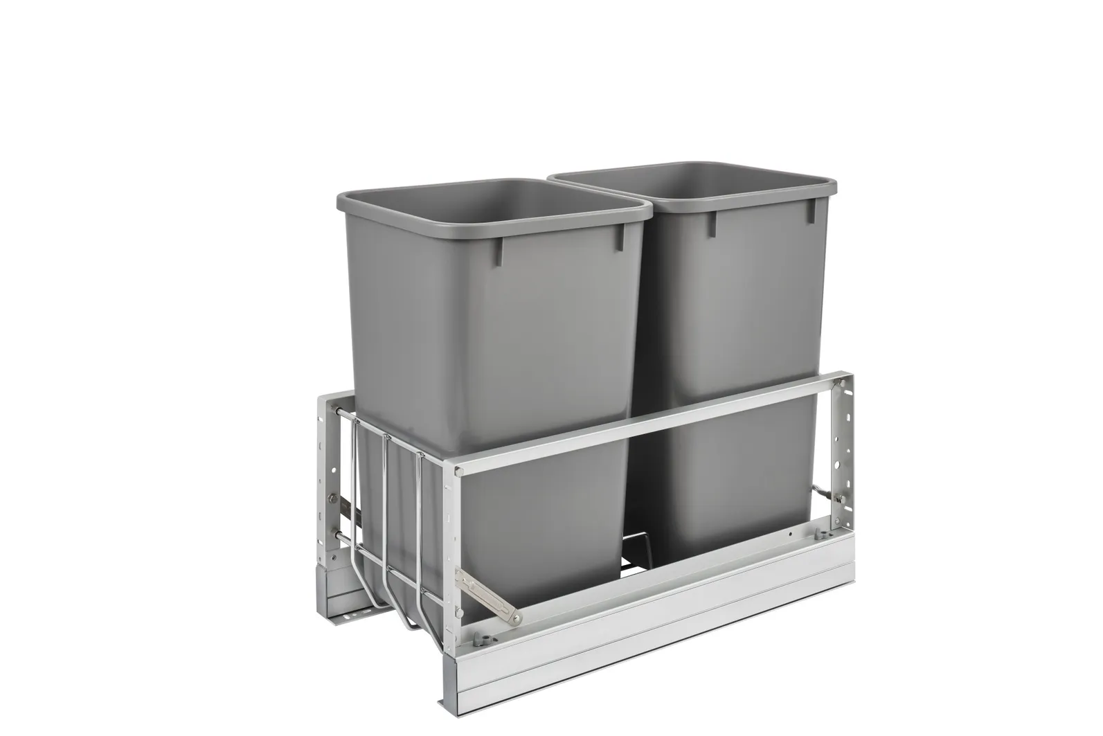 Rev-A-Shelf Aluminum Bottom Mount Double Pull-Out Waste Container Cabinet w.Soft Close 27qt Silver and Aluminum