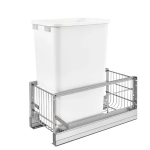 Rev-A-Shelf Aluminum Bottom Mount Single Pull-Out Waste Container Cabinet w.Soft Close 50qt White and Aluminum
