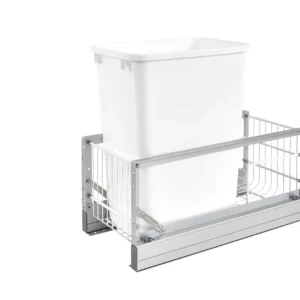 Rev-A-Shelf Aluminum Bottom Mount Single Pull-Out Waste Container Cabinet w.Soft Close 35qt White and Aluminum