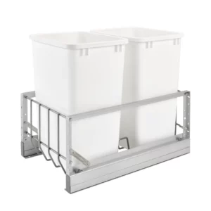 Rev-A-Shelf Aluminum Bottom Mount Double Pull-Out Waste Container Cabinet w.Soft Close 35qt White and Aluminum