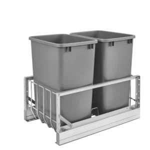 Rev-A-Shelf Aluminum Bottom Mount Double Pull-Out Waste Container Cabinet w.Soft Close 35qt Silver and Aluminum