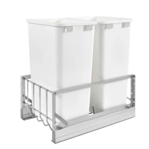 Rev-A-Shelf Aluminum Bottom Mount Double Pull-Out Waste Container Cabinet w.Soft Close 50qt White and Aluminum