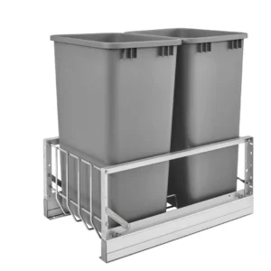 Rev-A-Shelf Aluminum Bottom Mount Double Pull-Out Waste Container Cabinet w.Soft Close 50qt Silver and Aluminum