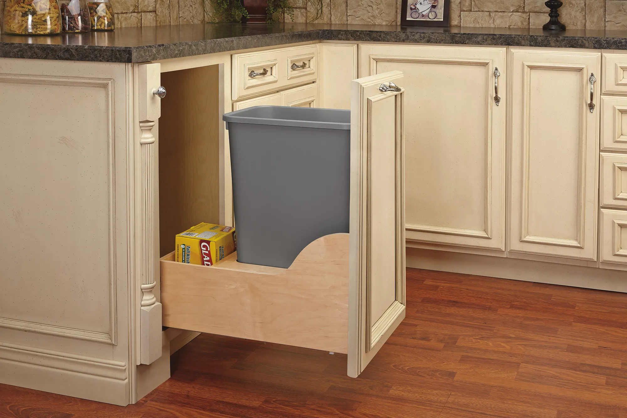 Rev-A-Shelf Maple Bottom Mount Single Pull-Out Waste Container Cabinet w.Blumotion Soft-Close 50qt Silver - Image 2