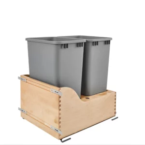 Rev-A-Shelf Maple Bottom Mount Double Pull-Out Waste Container Cabinet w.Blumotion Soft-Close and Servo-Drive 50qt Silver