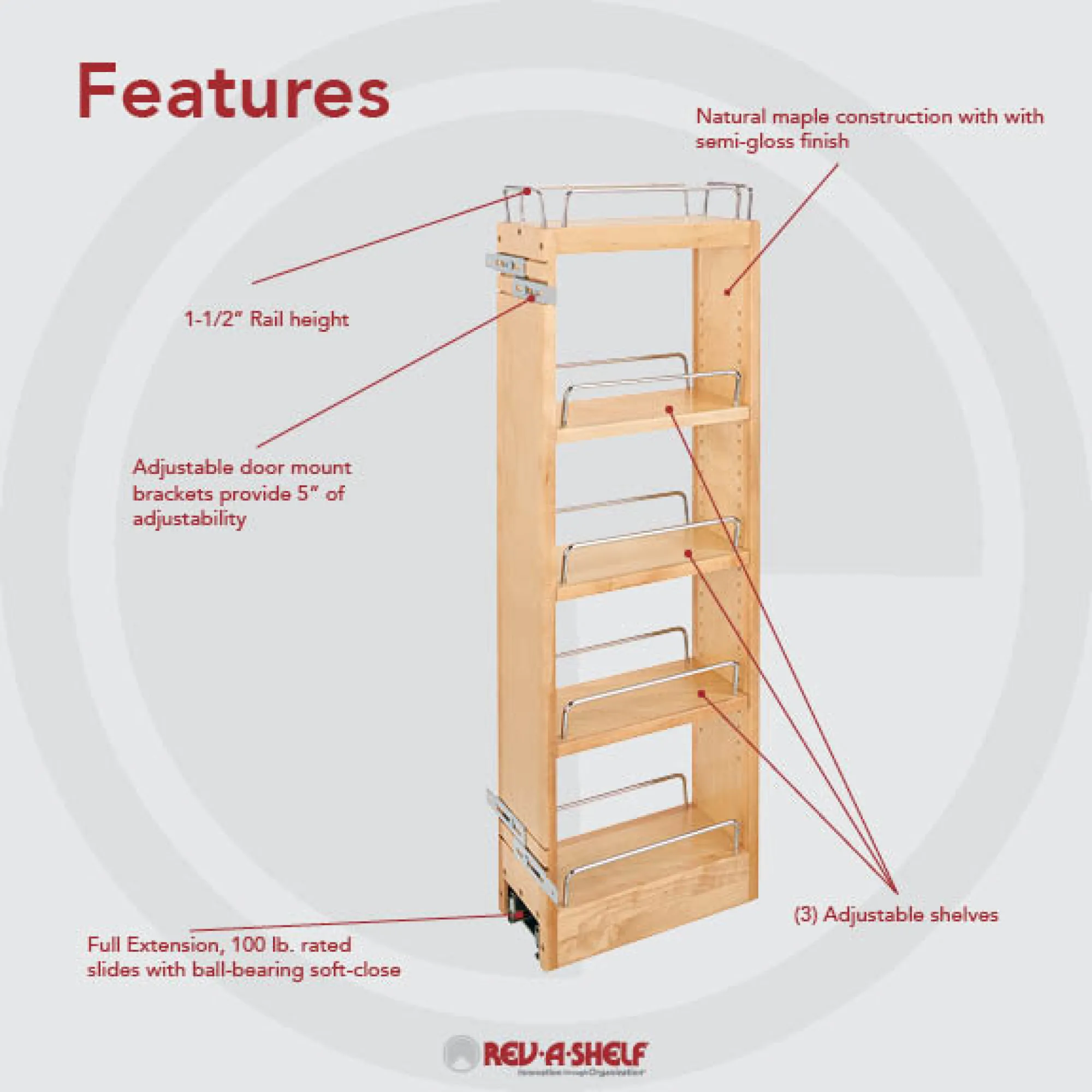 Rev-A-Shelf Five Shelf Pull-Out w.Soft-Close for Face Frame 9in Natural Maple - Image 2