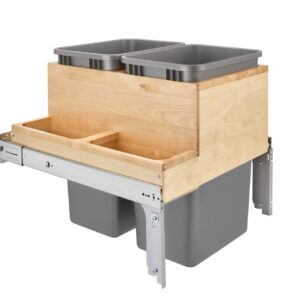Double 50 qt. Pullout Top Mount Wood and Silver Waste Container w/ Ball-Bearing Soft-Close Slides