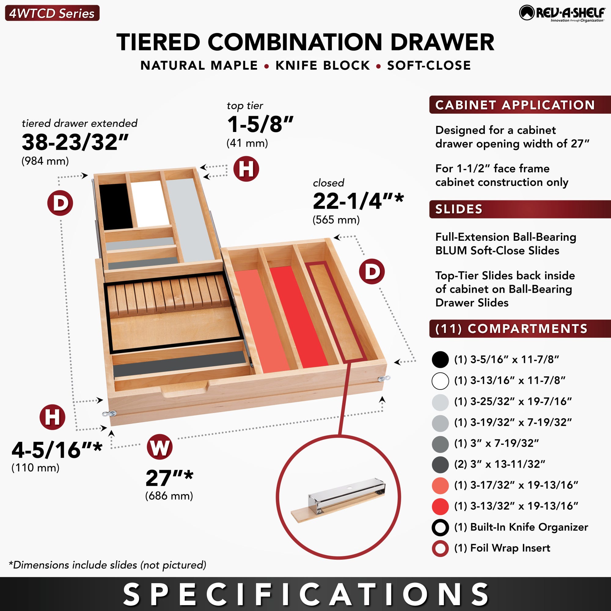 Natural Maple Tiered Combination Drawer w/ BLUMOTION Soft-Close Slides for Face Frame 30" Base - Image 2