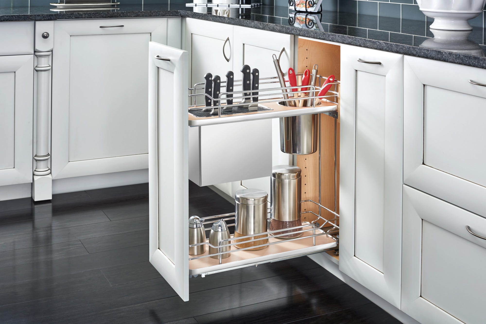 11" Two-Tier Pullout Maple Wire Organizer with Knife Block - Image 2