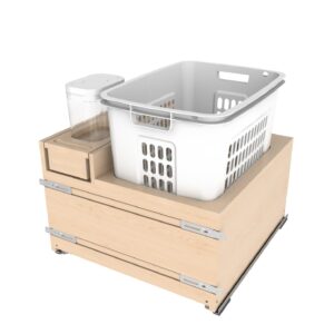 24" Wood Base Cabinet Bottom Mount Hamper Pullout with Single White 1.5 BU Hamper and a Single 1.7 qt. OXO Container w/ BLUM Soft-Close Slides