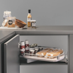 EZ-FLY Left Fly Moon Blind Corner Organizer Kit – 21" Left – Champagne/Maple – Soft-Close